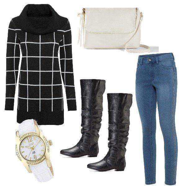 Outfit donna - Il maglione lungo a quadri. Stile Basic per Tutti i giorni. Abbinamento con maglieria, stivali sopra il ginocchio, jeans skinny, maglieria, orologi.