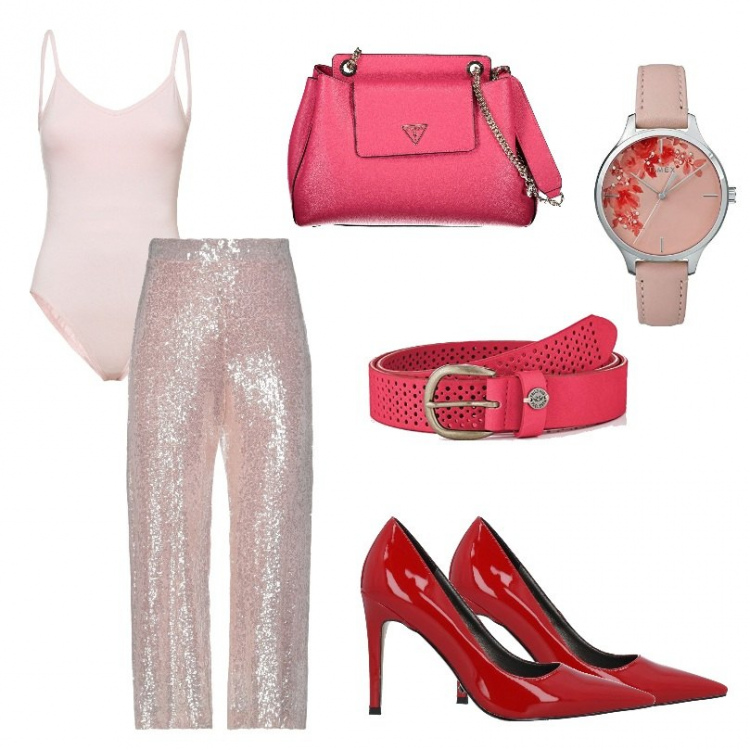 Outfit donna - Armonia analoga donna. Stile Casual chic per Serata fuori. Abbinamento con décolleté, pantaloni capri, body, cinture, orologi analogici, borse a tracolla.