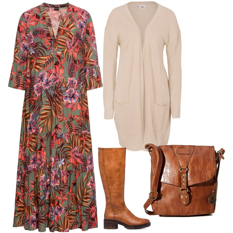 Outfit donna - Fiori e foglie sull\'abito lungo. Stile Romantica per Tutti i giorni. Abbinamento con vestiti lunghi, cardigans, stivali, borse a mano.