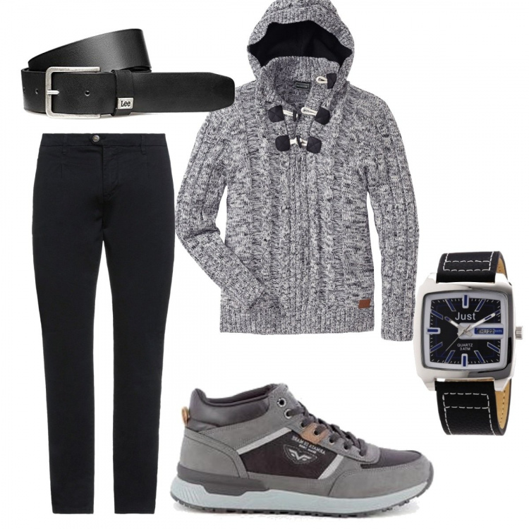 Outfit uomo - Il maglione con il cappuccio. Stile Urban per Tutti i giorni. Abbinamento con maglieria, pantaloni, sneakers, orologi, cinture.