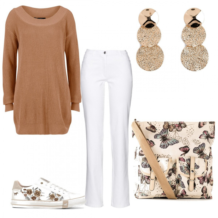 Outfit donna - Fiori e farfalle. Stile Basic per Tutti i giorni. Abbinamento con borse a tracolla, maglieria, pantaloni, sneakers, orecchini.