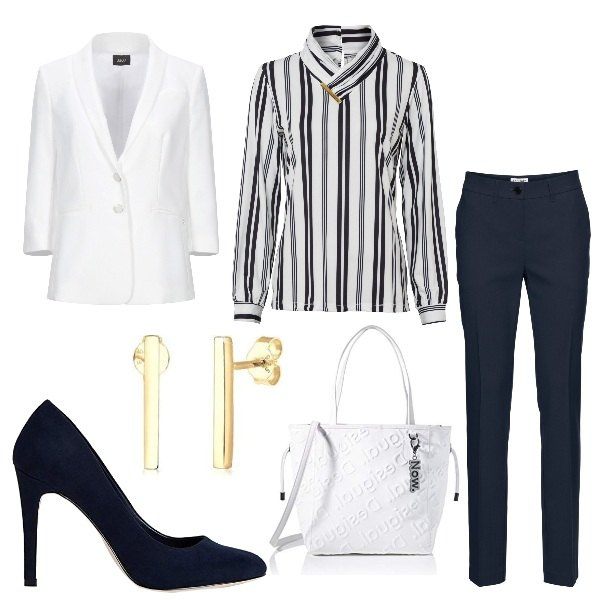 Outfit donna - Look classico. Stile Casual chic per Ufficio. Abbinamento con pantaloni, maglieria, blazer, scarpe col tacco, shopping bag, orecchini.