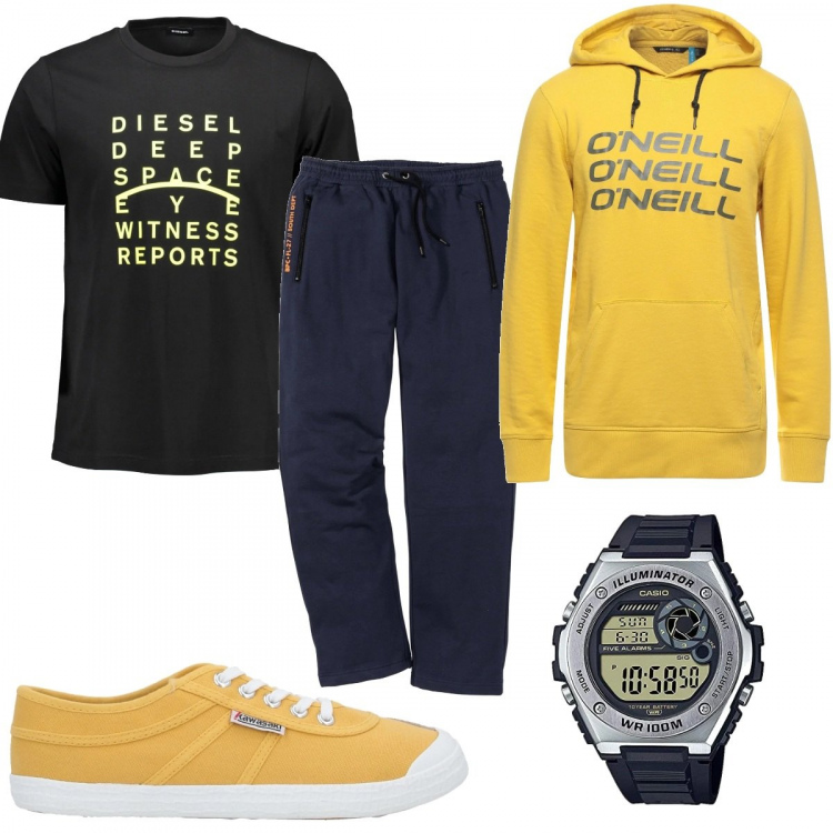 Outfit uomo - Sneakers gialle. Stile Trendy per Sport. Abbinamento con pantaloni, sneakers, felpe con cappuccio, orologi, t-shirt.