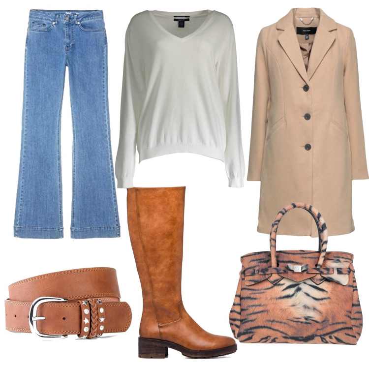Outfit donna - Jeans a zampa e cappotto. Stile Trendy per Tutti i giorni. Abbinamento con cinture, borse a mano, cappotti, stivali, maglieria, jeans a zampa.