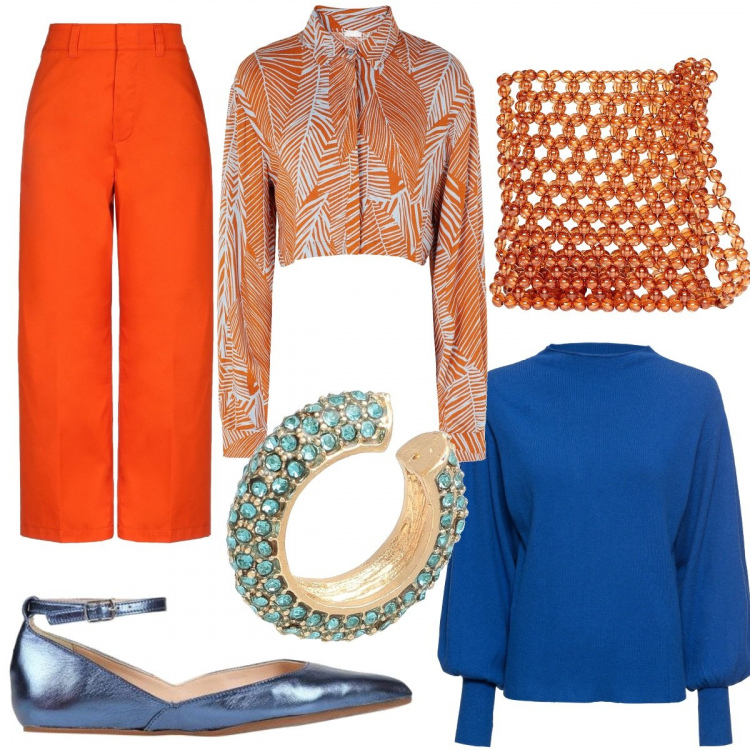 Outfit donna - Preppy al lavoro. Stile Preppy per Ufficio. Abbinamento con maglieria, pantaloni, camicie, orecchini, borse a tracolla, ballerine.