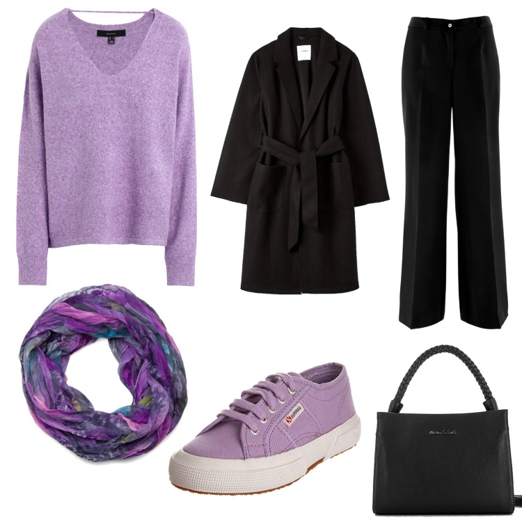 Outfit donna - Lillac. Stile Casual per Tutti i giorni. Abbinamento con pantaloni, pullovers, cappotti, borse a spalla, sneakers, foulard.