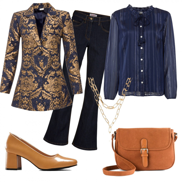 Outfit donna - Tutto Bonprix #Curvyplus. Stile Casual chic per Serata fuori. Abbinamento con jeans bootcut, cappotti, bluse, décolleté, borse a tracolla, ciondoli.