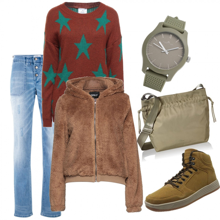 Outfit donna - Stelle verdi. Stile Casual per Tutti i giorni. Abbinamento con jeans boyfriend, cappotti, pullovers, orologi, sneakers alte, borse a tracolla.