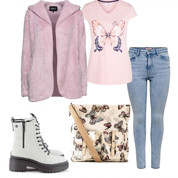 Outfit donna - I love pink. Stile Casual per Tutti i giorni. Abbinamento con cappotti, borse a tracolla, maglieria, anfibi, jeans skinny.