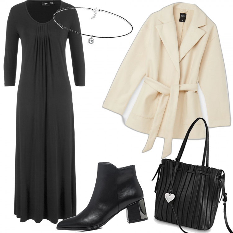 Outfit donna - 1429- cena informale con amici. Stile Casual chic per Serata fuori. Abbinamento con vestiti lunghi, cappotti, stivaletti, borse a mano, collane.