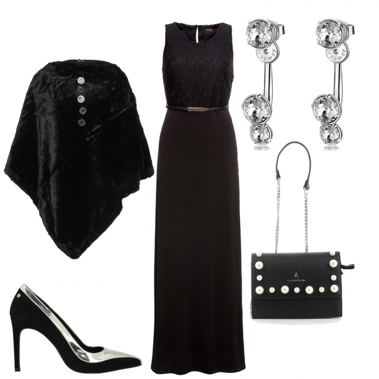 Outfit donna - Brillante. Stile Chic per Serata fuori. Abbinamento con cappe, décolleté, vestiti lunghi, orecchini, clutch.