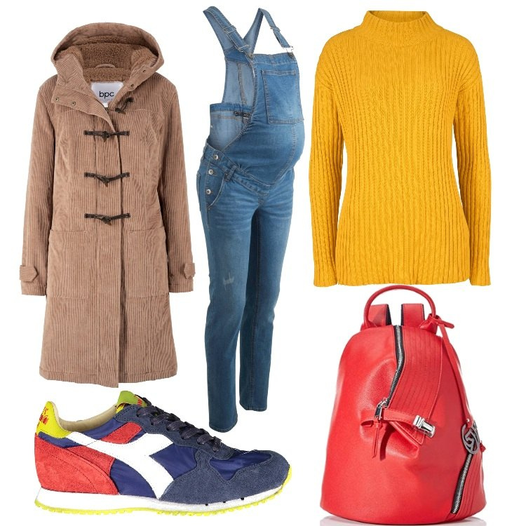 Outfit donna - Premaman sportivo. Stile Urban per Tutti i giorni. look ideale per Premaman. Abbinamento con montgomery, salopette, maglieria, zaini, sneakers.