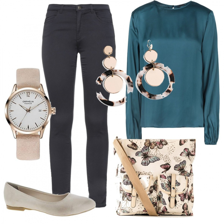 Outfit donna - Mojito all\'ultimo minuto. Stile Casual per Serata fuori. Abbinamento con bluse, pantaloni, borse a tracolla, orecchini, ballerine, orologi.