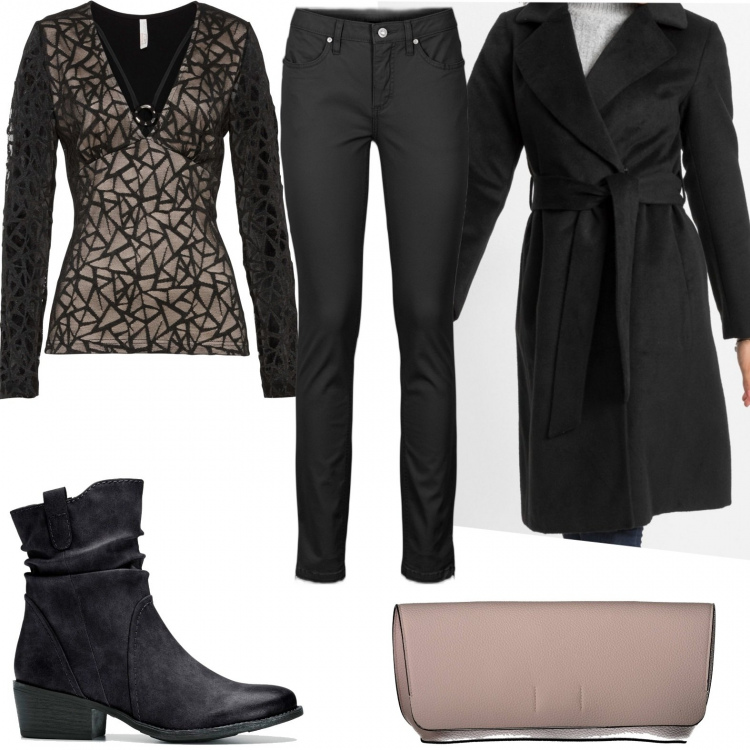 Outfit donna - Qualche dettaglio rosa. Stile Casual chic per Serata fuori. Abbinamento con stivaletti texani, jeans, maglieria, cappotti, pochette.