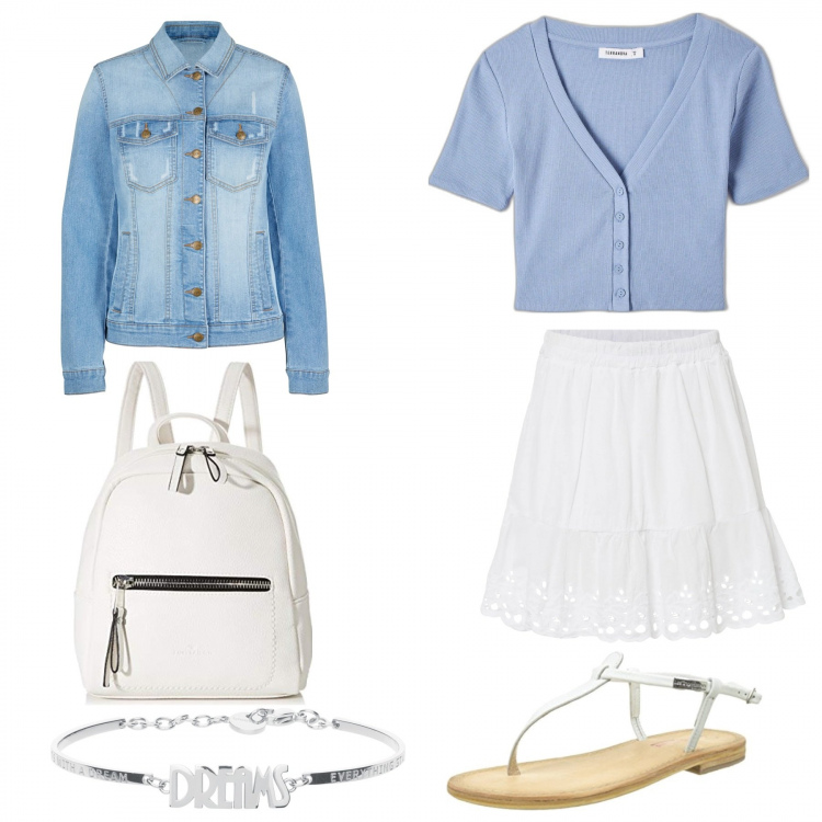 Outfit donna - Gonna bianca e top azzurro. Stile Casual chic per Tutti i giorni. Abbinamento con blazer, gonne, t-shirt, braccialetti, scarpe col tacco, zaini.