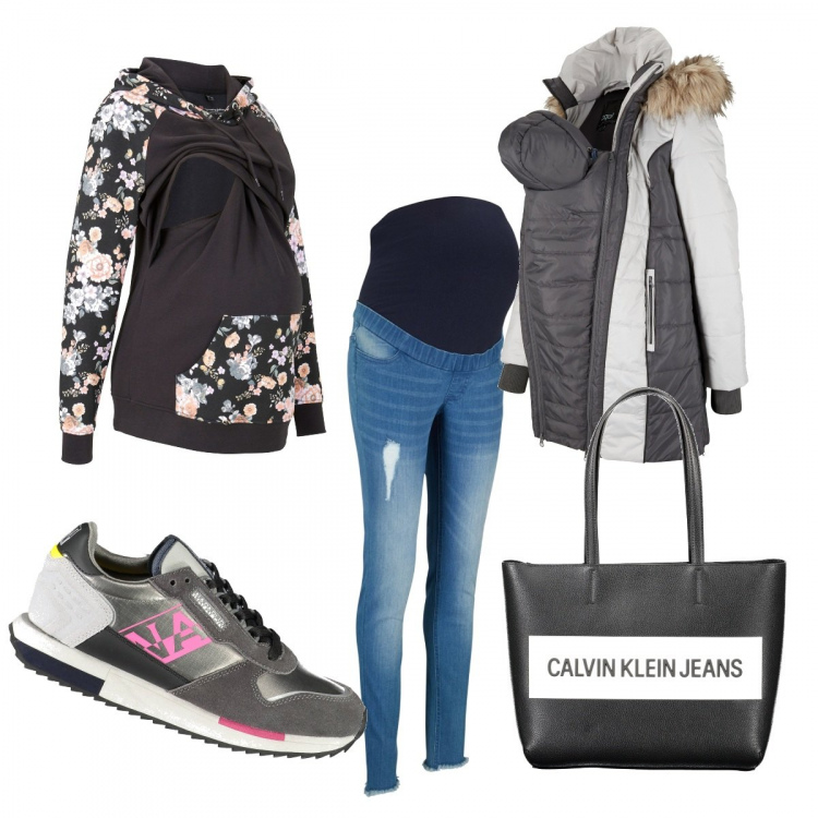 Outfit donna - Dolce attesa. Stile Casual per Tutti i giorni. look ideale per Premaman. Abbinamento con felpe, giacche, jeggings, sneakers, borse a spalla.