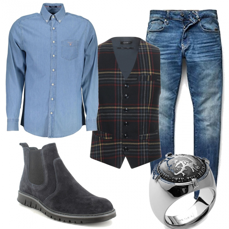 Outfit uomo - Crossroad. Stile Biker Rock per Tutti i giorni. Abbinamento con stivali e stivaletti, gilet, anelli, jeans skinny, camicie.