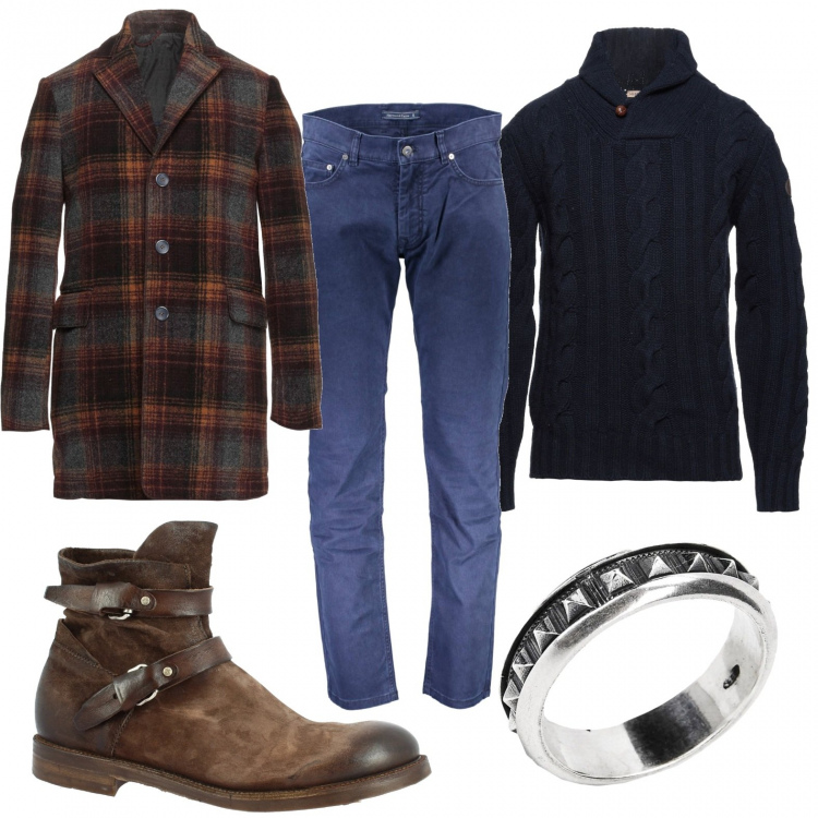 Outfit uomo - Tabacco. Stile Casual per Tutti i giorni. Abbinamento con stivali e stivaletti, cappotti, pullovers, anelli, pantaloni.
