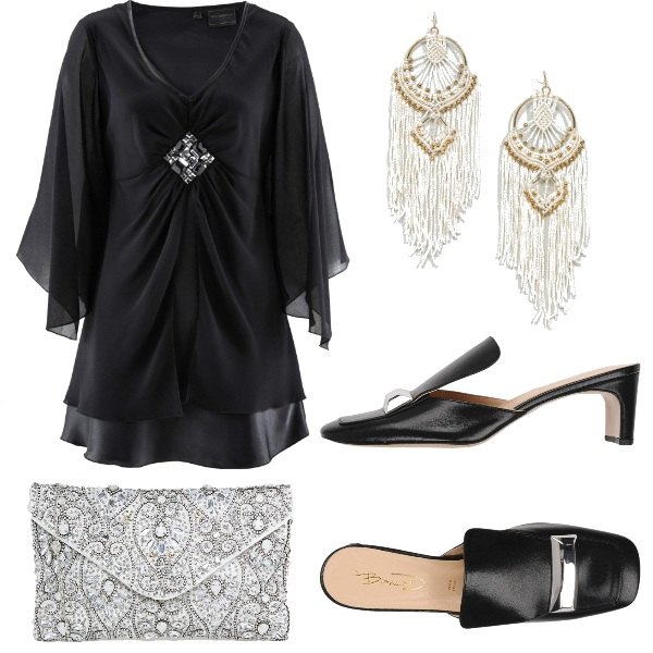 Outfit donna - Caftano e ciabattine chic. Stile Etnico per Cerimonia. Abbinamento con tuniche, sabot con tacco squadrato interno in pelle con punta quadrata tinta unita bianco, orecchini, pochette con perline e cinturino.