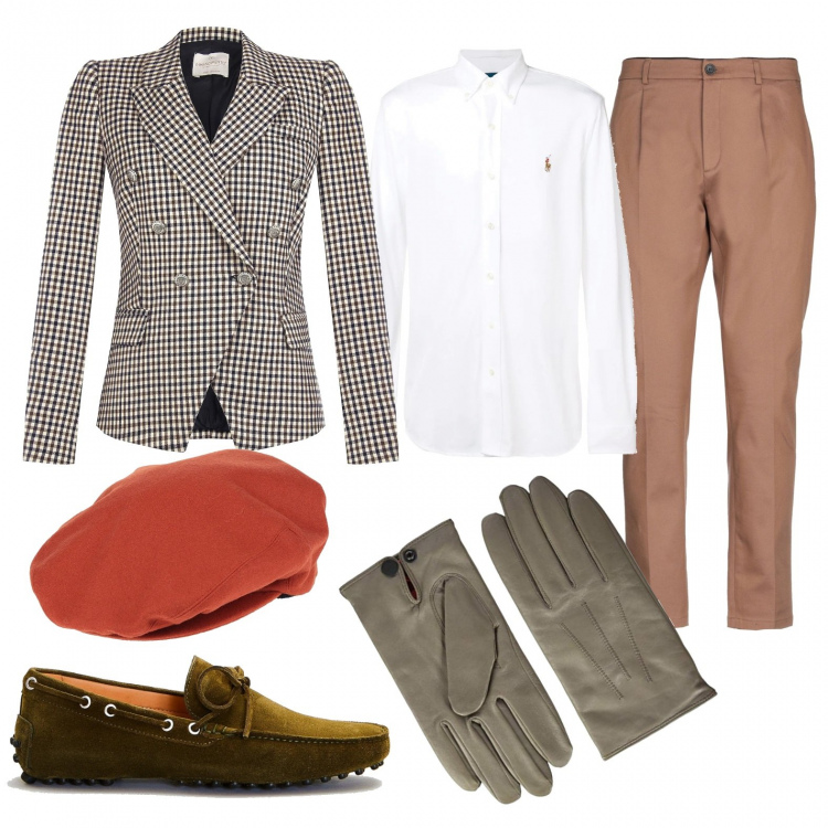 Outfit uomo - Uomo eclettico. Stile Trendy per Ufficio. Abbinamento con scarpe stringate, camicie, giacche, pantaloni, cappelli, guanti.