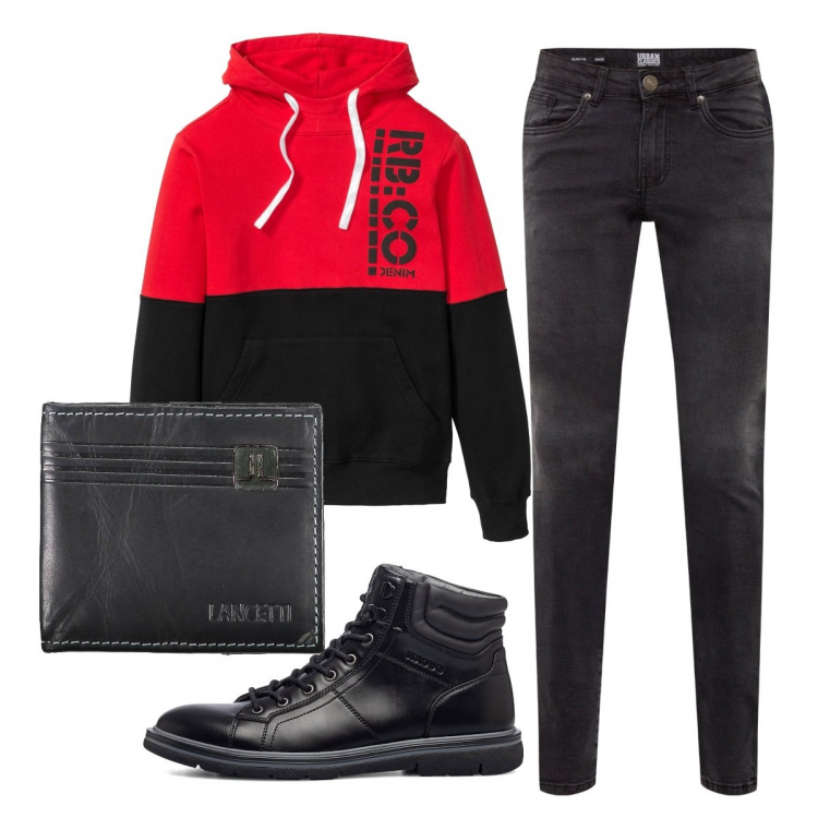 Outfit uomo - Casual #25843. Stile Casual per Tutti i giorni. Abbinamento con felpe con cappuccio, stivali e stivaletti, portamonete, jeans.