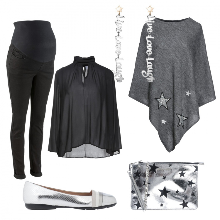 Outfit donna - Premaman look beautiful. Stile Casual chic per Tutti i giorni. look ideale per Premaman. Abbinamento con jeggings, cappotti, bluse, ballerine, borse a mano, orecchini.
