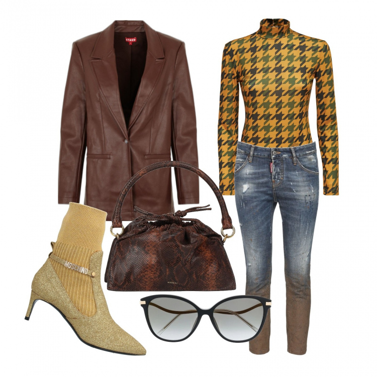 Outfit donna - Sabato, shopping!. Stile Casual chic per Tutti i giorni. Abbinamento con stivaletti, borse a mano, occhiali da sole, top, jeans skinny, blazer.