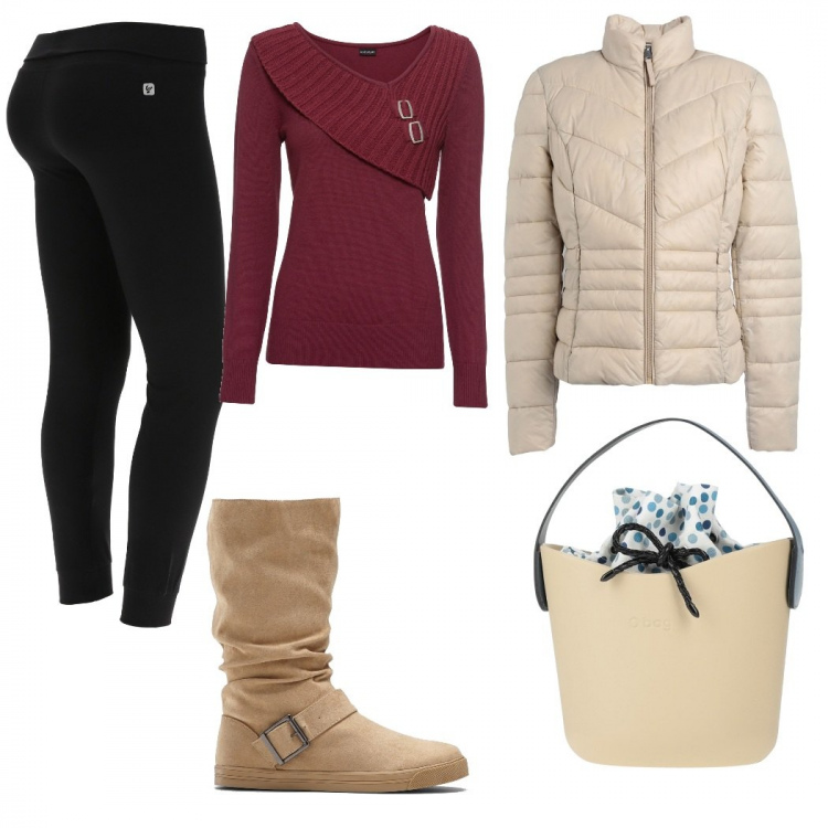 Outfit donna - Stivali e piumino. Stile Casual per Tutti i giorni. Abbinamento con maglieria, stivali, piumini, borse a mano, pantaloni.