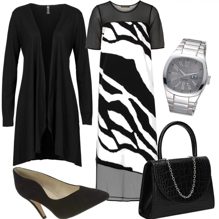 Outfit donna - 1461- elegante con cardigan su abito. Stile Bon Ton per Serata fuori. Abbinamento con cardigans, vestiti midi/longuette, scarpe col tacco, pochette, orologi.