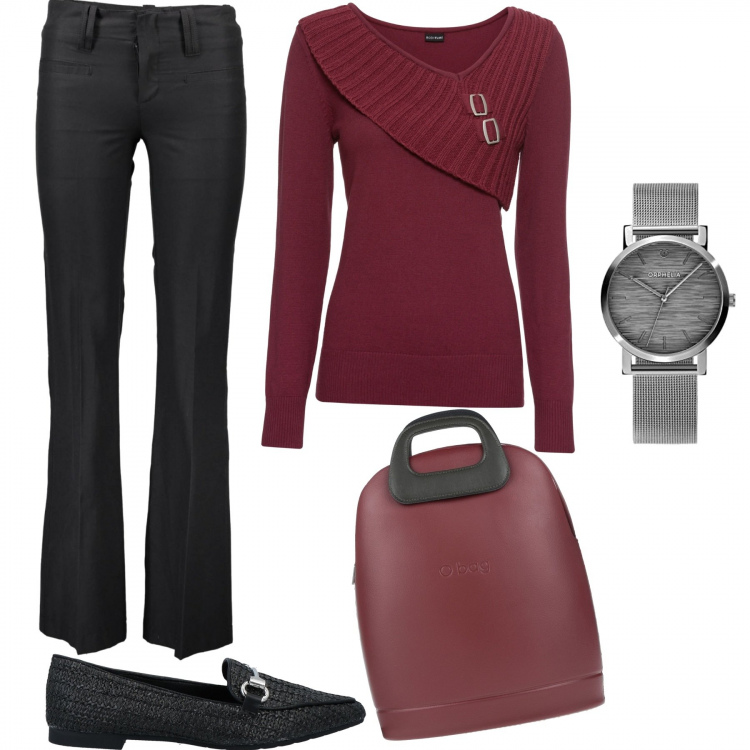 Outfit donna - 1462- maglione e borsa particolari. Stile Bon Ton per Ufficio. Abbinamento con maglieria, borse a mano, mocassini, pantaloni, orologi analogici.