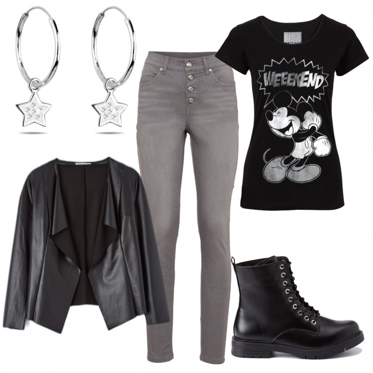 Outfit donna - Happy weekend. Stile Urban per Tutti i giorni. Abbinamento con t-shirt, jeans, giacche, anfibi, orecchini.