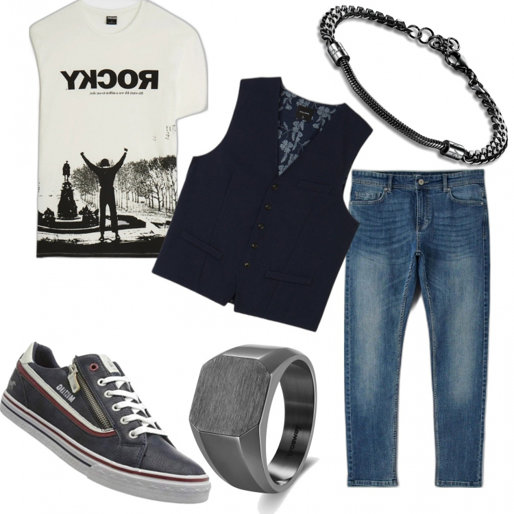 Outfit uomo - Let there be rock. Stile Biker Rock per Tutti i giorni. Abbinamento con gilet, t-shirt, anelli, braccialetti, jeans, sneakers.
