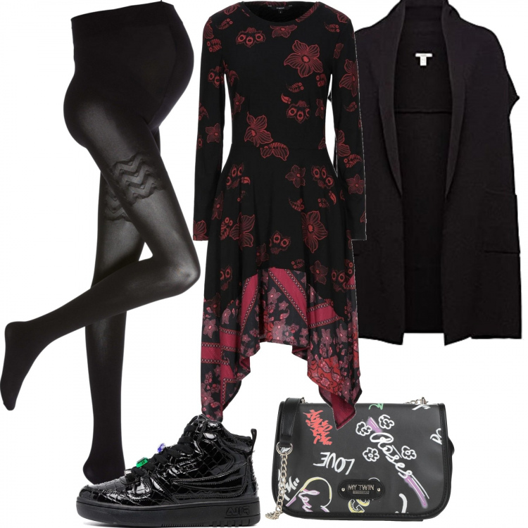 Outfit donna - Premaman in abito corto. Stile Trendy per Tutti i giorni. look ideale per Premaman. Abbinamento con collant, vestiti corti, borse a tracolla, sneakers, sciarpe.