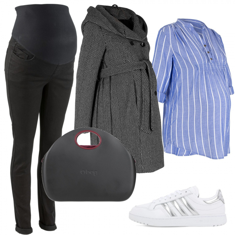 Outfit donna - Premaman casual trendy. Stile Trendy per Tutti i giorni. look ideale per Premaman. Abbinamento con jeggings, cappotti, tuniche, borse a mano, sneakers.