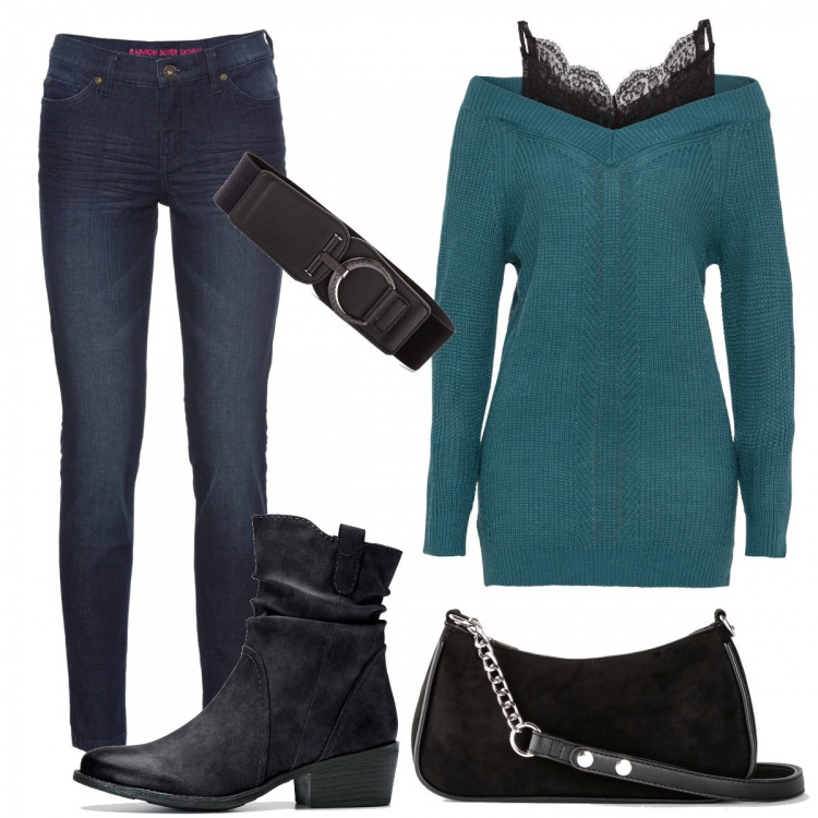Outfit donna - Tutto da bonprix. Stile Casual per Tutti i giorni. Abbinamento con jeans skinny, stivaletti texani, cinture, maglieria, borse a tracolla.