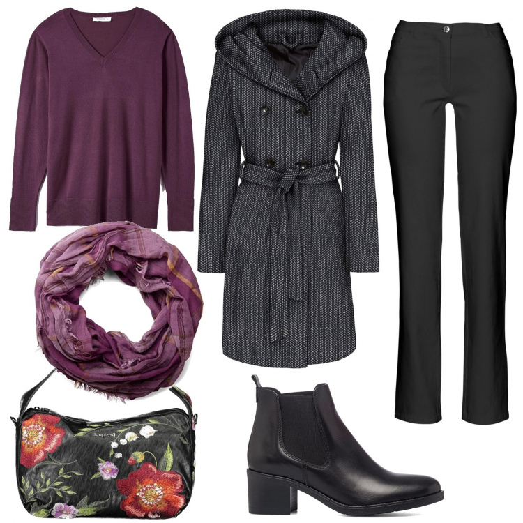 Outfit donna - Semplicemente casual in ufficio. Stile Casual per Ufficio. Abbinamento con pantaloni, cappotti, maglieria, stivaletti, foulard, borse a spalla.