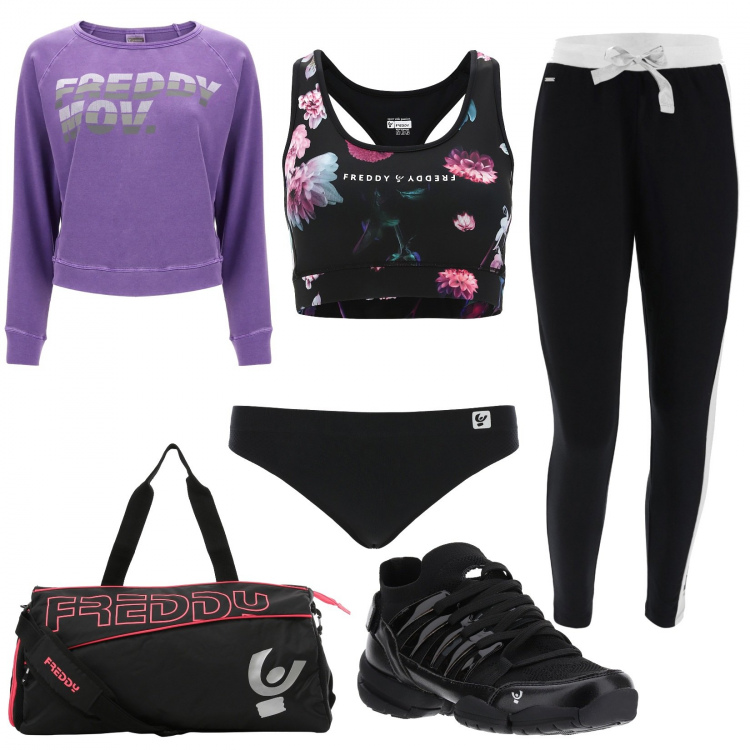 Outfit donna - In palestra con Freddy. Stile Basic per Sport. Abbinamento con slip, scarpe sportive, pantaloni, borse sportive, felpe, reggiseni.