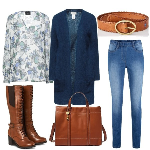 Outfit donna - Total look #1178556. Stile Trendy per Ufficio. Abbinamento con jeggings, cardigans, bluse, stivali, shopping bag, cinture.