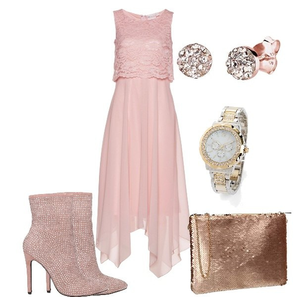 Outfit donna - Cerimonia romantica. Stile Romantica per Cerimonia. Abbinamento con vestiti midi/longuette, orologi, stivaletti, pochette, orecchini.
