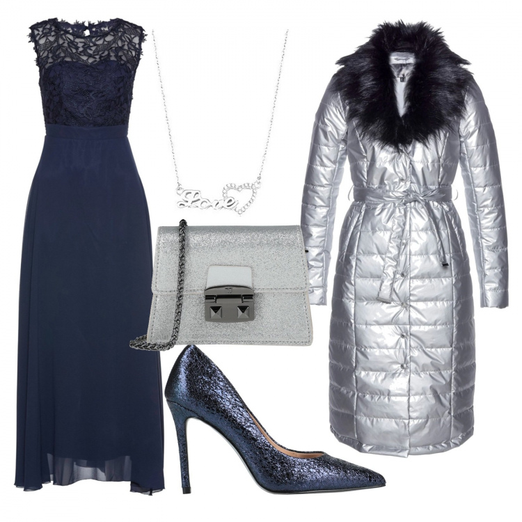 Outfit donna - Serata brillante. Stile Chic per Serata fuori. Abbinamento con vestiti lunghi, giacche, décolleté, borse a tracolla, ciondoli.