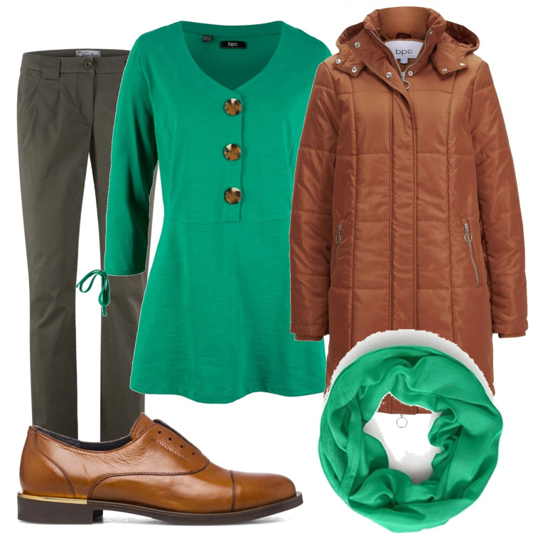 Outfit donna - Comodità curvy nei colori della Terra!. Stile Casual chic per Tutti i giorni. Abbinamento con pantaloni chino, maglieria, cappotti, scarpe stringate, sciarpe.