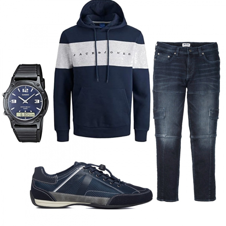Outfit uomo - Casual #26075. Stile Casual per Tutti i giorni. Abbinamento con jeans slim fit, sneakers, felpe con cappuccio, orologi.