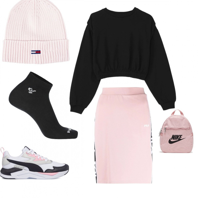 Outfit donna - Comfy walk. Stile Urban per Tutti i giorni. Abbinamento con berretti, felpe, gonne longuette, calzini, sneakers, zaini.