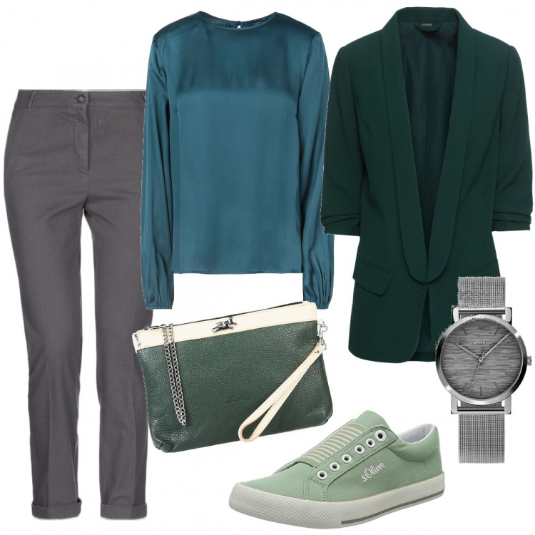 Outfit donna - Total look #1179859. Stile Casual per Scuola/Università. Abbinamento con blazer, bluse, pantaloni, borse a mano, mocassini, orologi analogici.