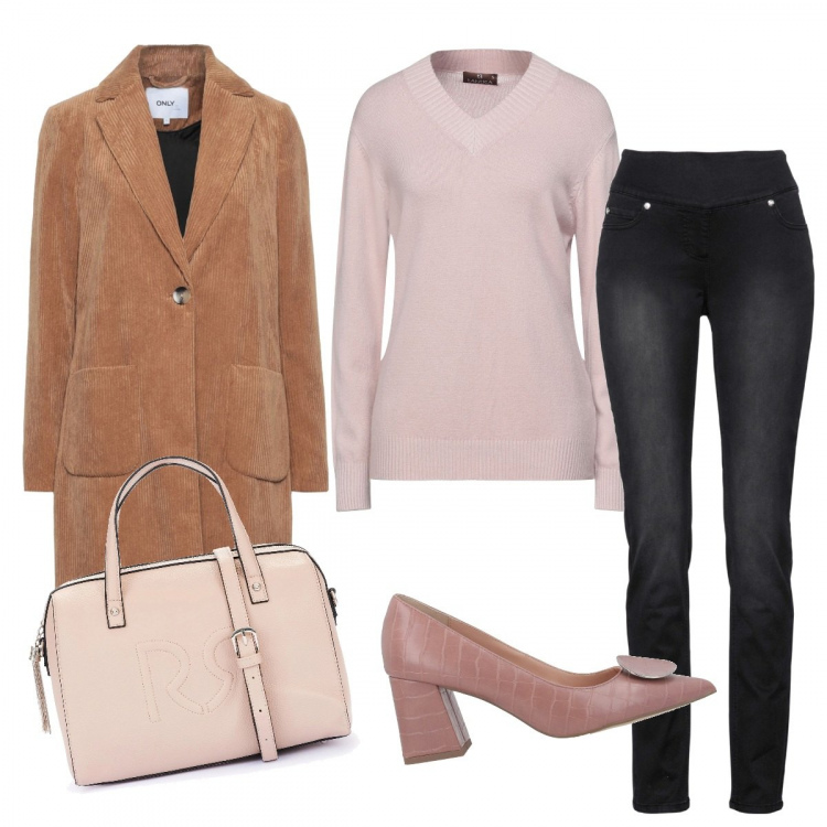 Outfit donna - Un caffé al centro commerciale. Stile Casual chic per Tutti i giorni. Abbinamento con jeans, décolleté, cappotti, pullovers, borse a mano.