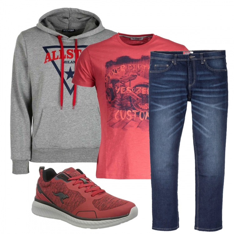 Outfit uomo - Total look #1180134. Stile Urban per Tutti i giorni. Abbinamento con jeans dritti, felpe con cappuccio, t-shirt, sneakers.