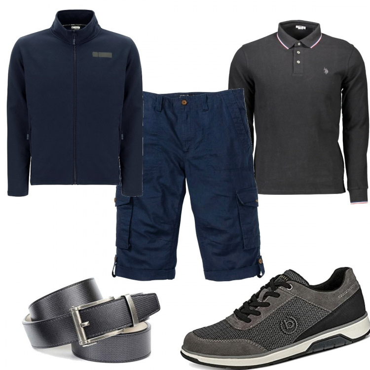 Outfit uomo - Bermuda e solo a maniche lunghe. Stile Trendy per Tutti i giorni. Abbinamento con bermuda, felpe, scarpe stringate, cinture, polo.