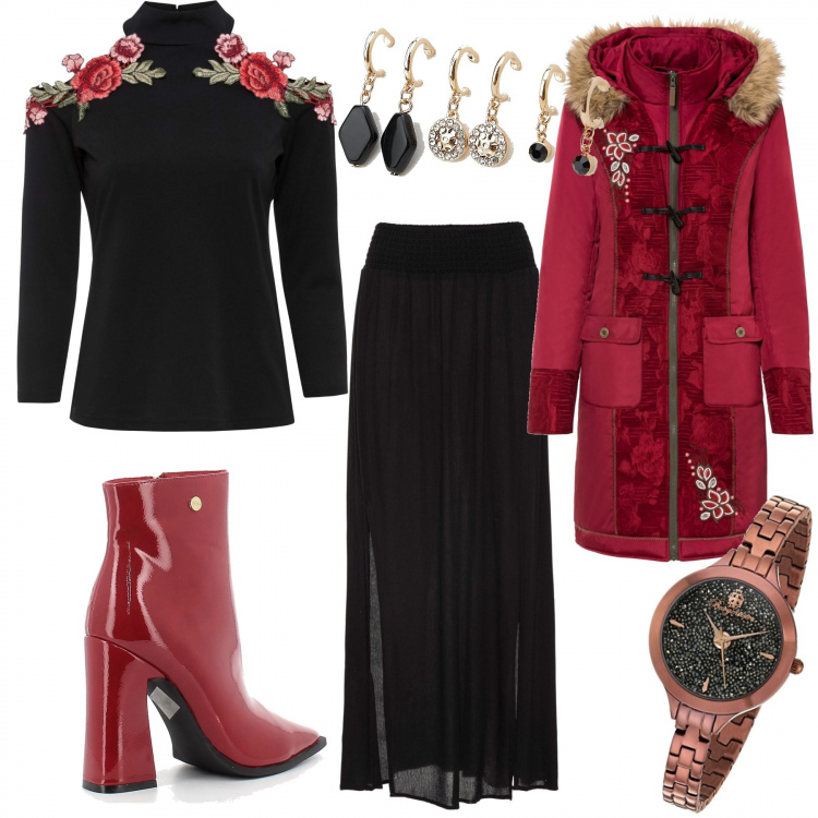 Outfit donna - Brilli tu. Stile 70s per Serata fuori. Abbinamento con gonne lunghe, maglieria, cappotti, orecchini, stivaletti, orologi.