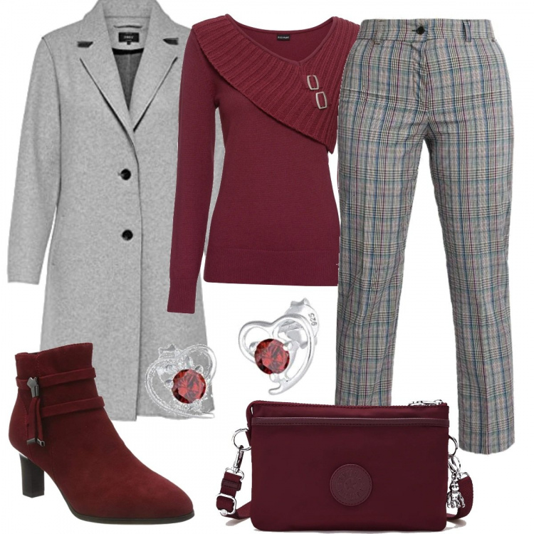 Outfit donna - Bordeaux con grigio. Stile Basic per Tutti i giorni. Abbinamento con maglieria, pantaloni, cappotti, stivaletti, borse a tracolla, orecchini.