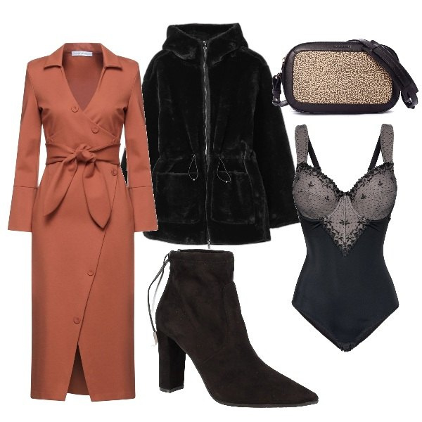 Outfit donna - Bella sopra e sotto. Stile Casual chic per Serata fuori. Abbinamento con body, vestiti midi/longuette, stivaletti, borse a tracolla, giacche.